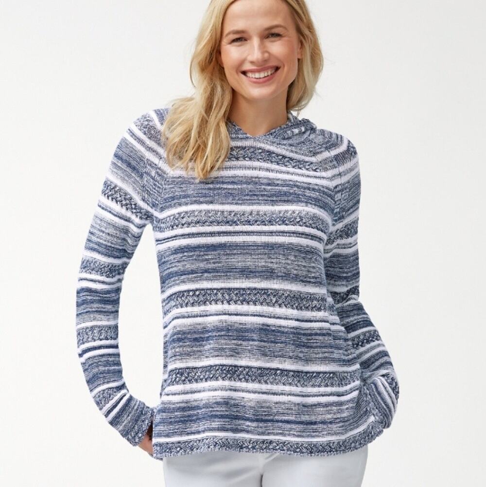 Tommy Bahama Hoodie Women's Large Anacapa Marled Linen Blend Sweater Blue White